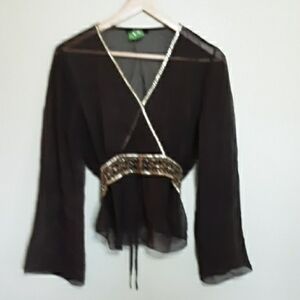 ECI Brown Sheer Blouse with Gold Accents